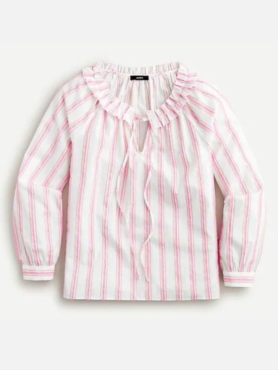J. Crew Tops - J. Crew Ruffle Neck Tie-Front Striped Blouse Cotton Popover Pink Tan Small